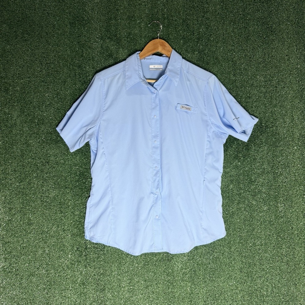 Columbia Shirt Mens Large Short Sleeve Button Up Blue PFG Omni-Shade Vented